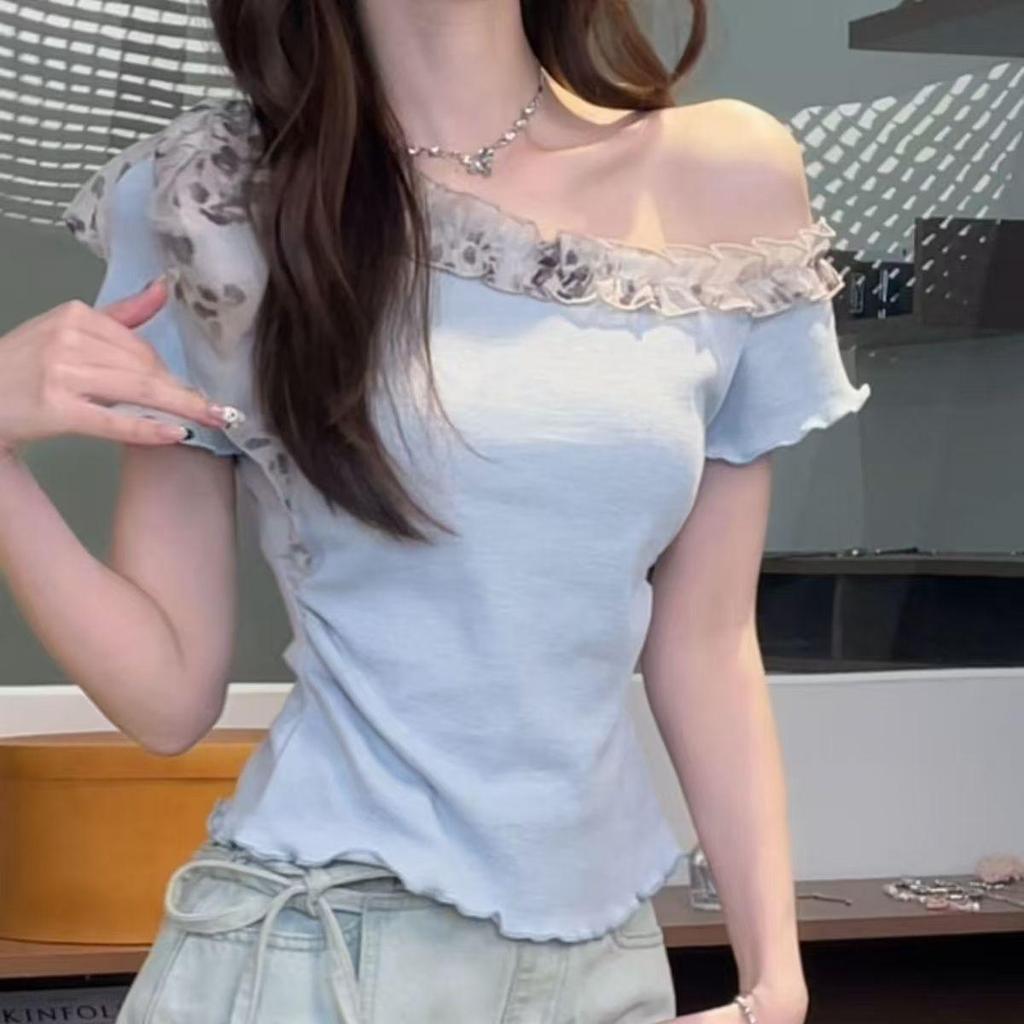 [Venda com desconto por tempo limitado] Camiseta de manga curta com costura de gaze francesa e ombro inclinado, verão su