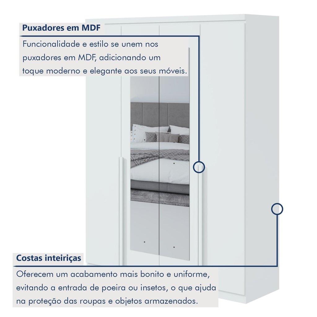 Guarda Roupa Solteiro 4 Portas 2 Gavetas com Espelho MDF Alonzo 153.5cm Branco Branco · foto 2