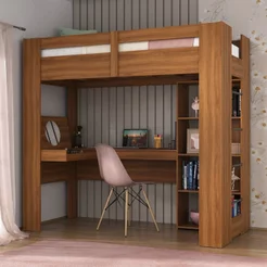Cama Alta Multifuncional com Escrivaninha Penteadeira Yescasa Marrom/Nogal Nogal