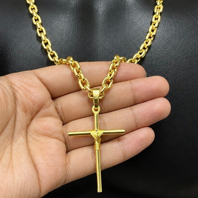 Corrente Cordão CADEADO 8MM MAIS PINGENTE CRUZ PALITO 100% em Moeda Antiga idêntico a ouro 18k