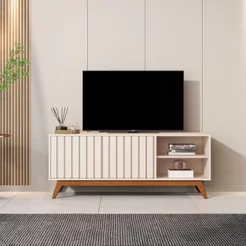 Rack para TV até 60 Polegadas Ripada Retrô Pés em Madeira Maciça 100% MDF 140cm Linha Açaí Off White Off White