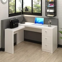 Escrivaninha Mesa Escritório em L com ME4101 3 Gavetas 136cm Branca Branco