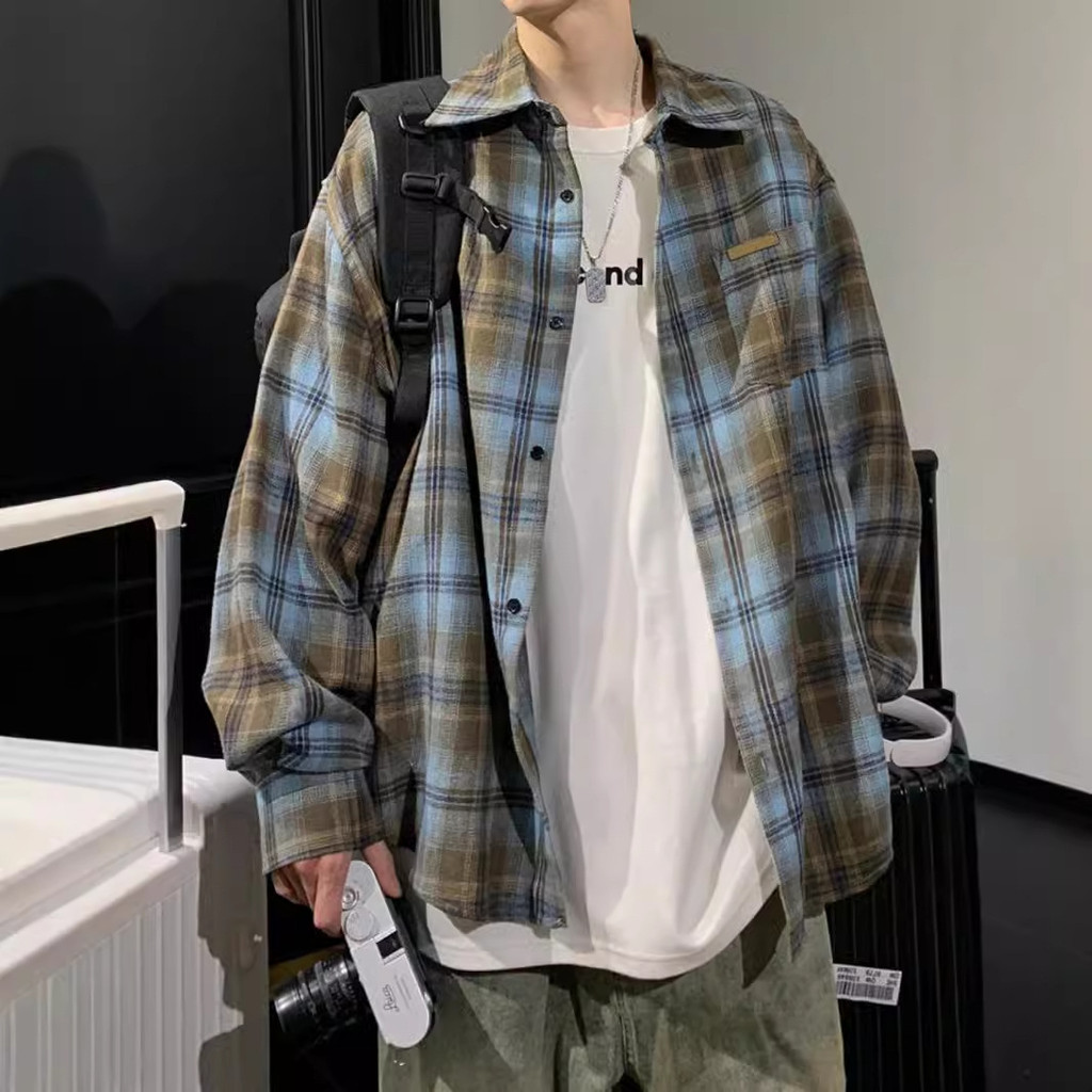 Americano Retro contraste cor xadrez camisa de manga comprida masculina 2024 primavera outono novo estilo Street Wear Al