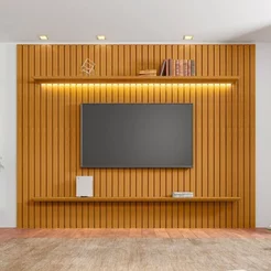 Painel Ripado para TV até 75 Polegadas com LED 100% MDF 230cmx220cm 2 Prateleiras Roma Marrom Cinamomo Cinamomo