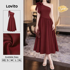 (New Arrival) Lovito Vestido Feminino Elegante Bordô Assimétrico Plissado Longo E Evasê Para Primavera/verão Ano Novo Chinês E Trabalho DRB207P1D630
