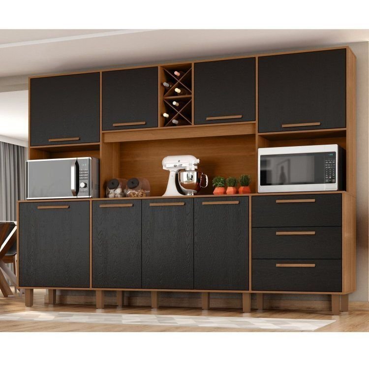 Kit de Armários para Cozinha MDP 8 Portas 3 Gavetas Apollo Marrom/Cinamomo/Preto Catedral Cinamomo/Preto Catedral