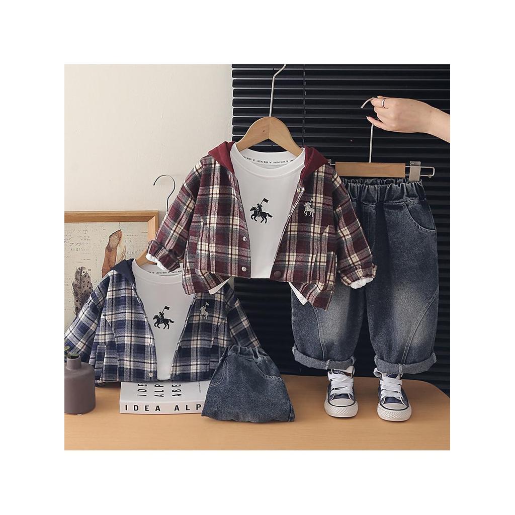 Meninos primavera outono terno 2026 novo estilo crianças estilo ocidental Casual com capuz xadrez de manga comprida tern