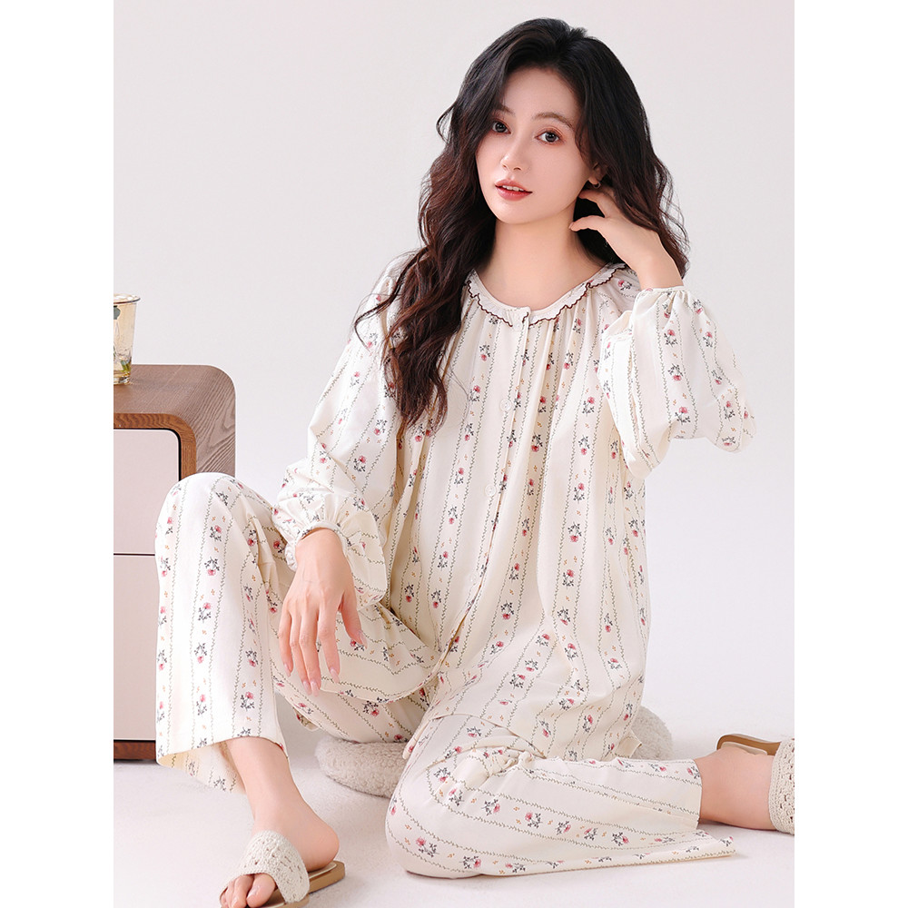 Fenteng Ke'an pijamas femininos primavera outono puro algodão em torno do pescoço Cardigan manga longa Plus Size Loungew