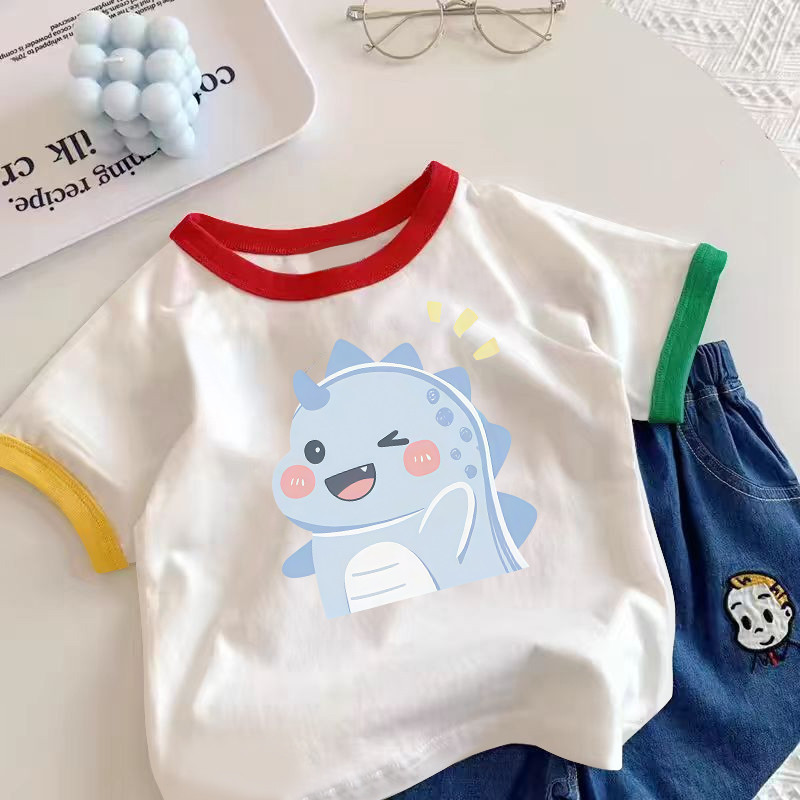 Meninos puro algodão manga curta camiseta 2026 dos desenhos animados dinossauro impressão meia manga verão versão solta 