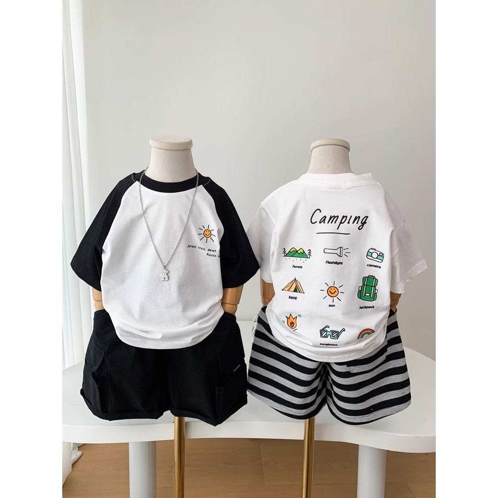 Crianças verão estilo fino camiseta meninos estilo ocidental impresso Raglan de manga curta médio pequenas crianças puro