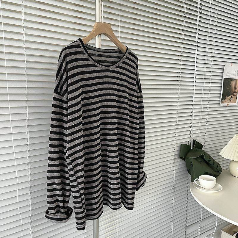 Novo estilo primavera outono gordura mm150kg tamanho grande listrado manga comprida camiseta feminina solta preguiçoso e
