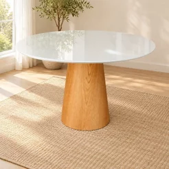 Mesa de Jantar Cone Redonda Laminado em Madeira 120cm Cairo Branco/Off White/Cinamomo Off White/Cinamomo