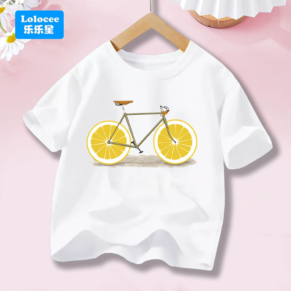 Criativo Limão Roda Bicicleta Impressão Meninas Manga Curta Camiseta Crianças Algodão Engraçado T NMDC1