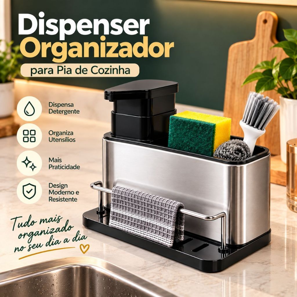 Organizador de Pia Inox com Dispenser Detergente Porta Esponja Escova Escorredor Suporte Multiuso