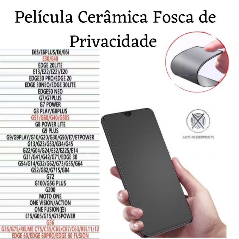 Película Cerâmica Fosca Privacidade Para Motorola Moto E13/ E20/ E22/ E22iG56/G05/G15/G75/G35/G10/G20/G30/G60 em Oferta na Shopee