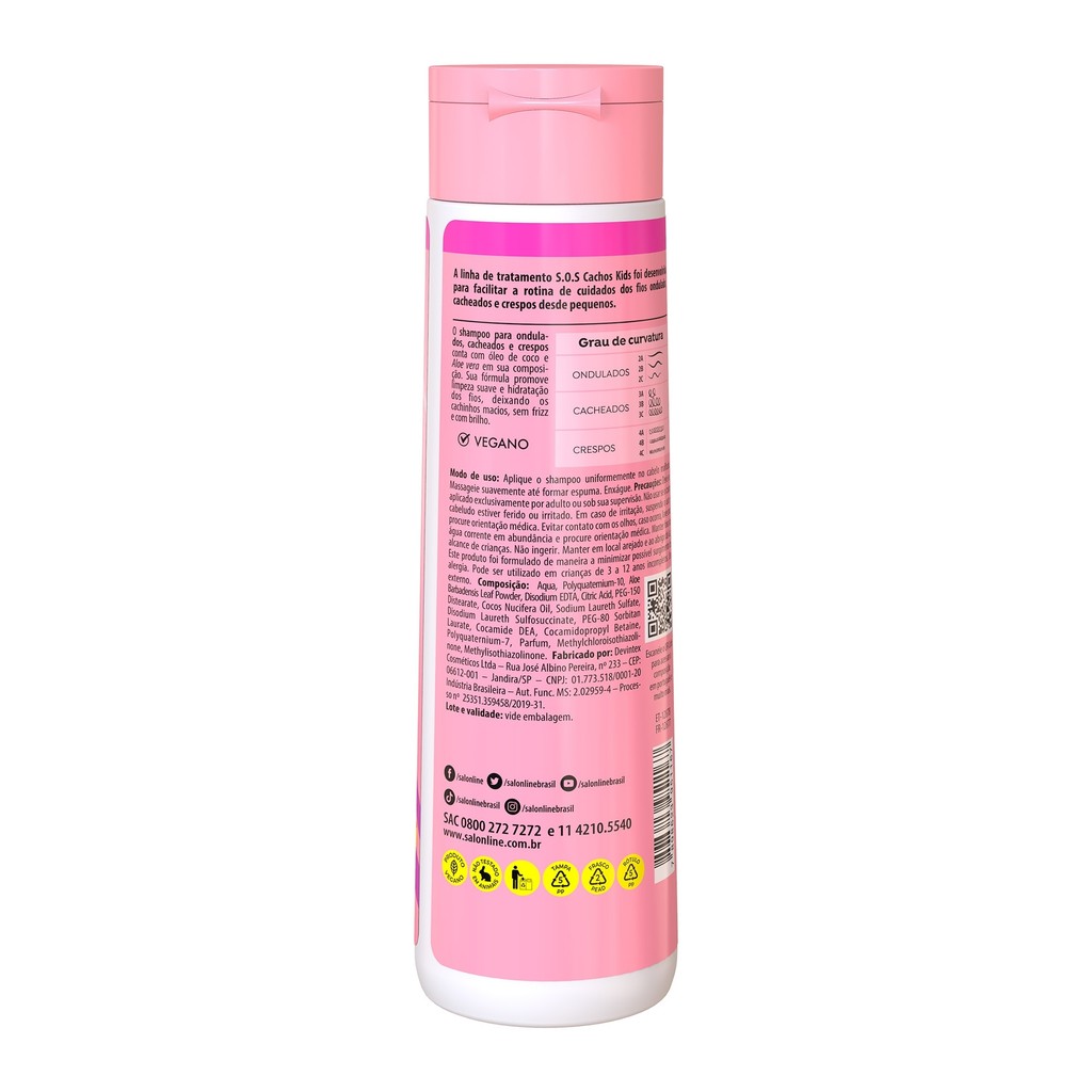 Detalhes do Kit Shampoo + Condicionador + Creme para Pentear 300ml SOS Cachos Kids Hidratação Salon Line