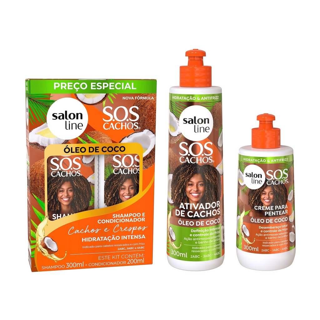 Kit Tratamento SOS Cachos Coco com Shampoo e Condicionador + Creme para Pentear + Ativador de Cachos em Oferta na Shopee