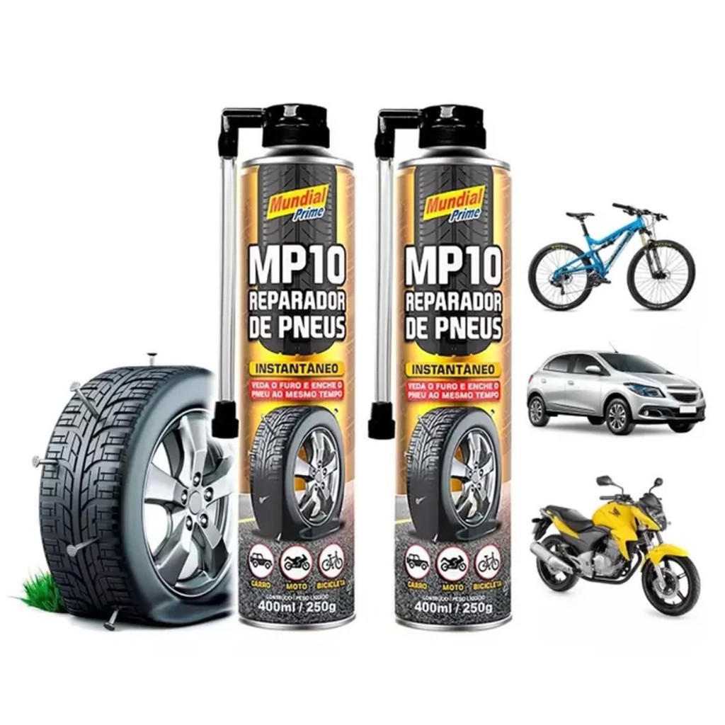 Kit 2 Unidades Reparador De Pneu Carro/Moto/Bike Spray Instantâneo Tapa Furo 400ml Mundial Prime em Oferta na Shopee