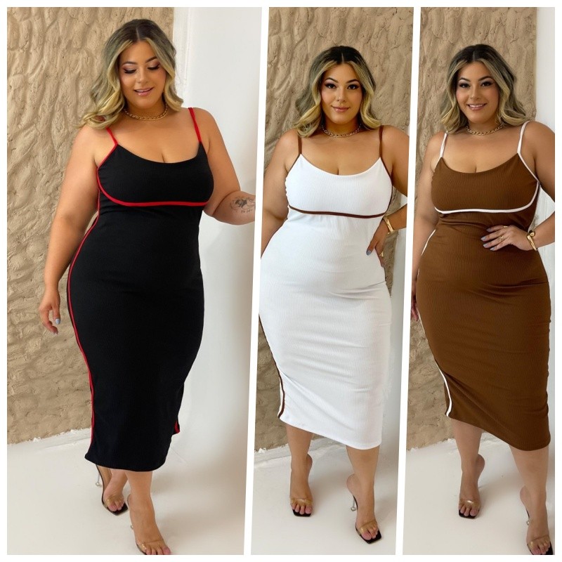 Vestido Plus Size Midi Feminino Justo com Detalhes ao Corpo e Pequena Fenda na Bainha Traseira em Oferta na Shopee