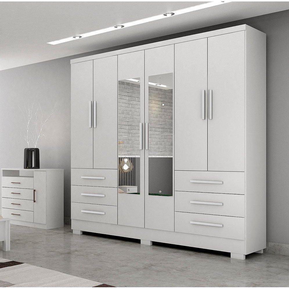 Guarda-Roupa Casal MDP com Espelho 6 Portas 6 Gavetas Dakar Branco em Oferta na Shopee