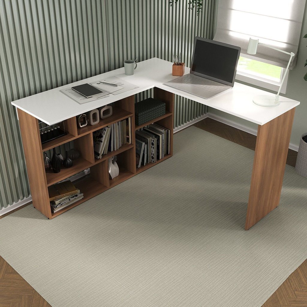 Escrivaninha Mesa Escritório em L 8 Nichos Montecello Yescasa Nogal/Branco em Oferta na Shopee