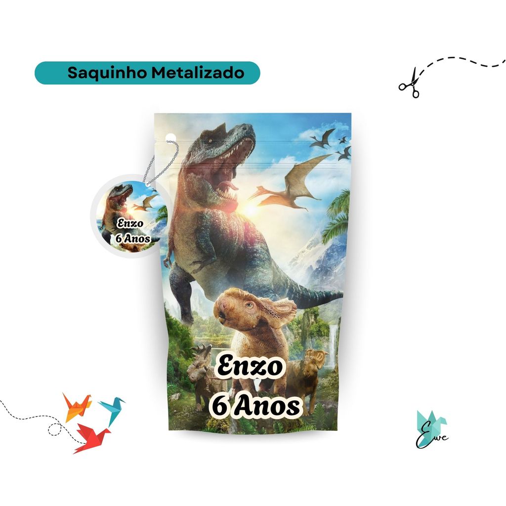 Saquinho Metalizado Dinossauros 12x19 Personalizado - Lembrancinha Aniversário | Saquinho Surpresa