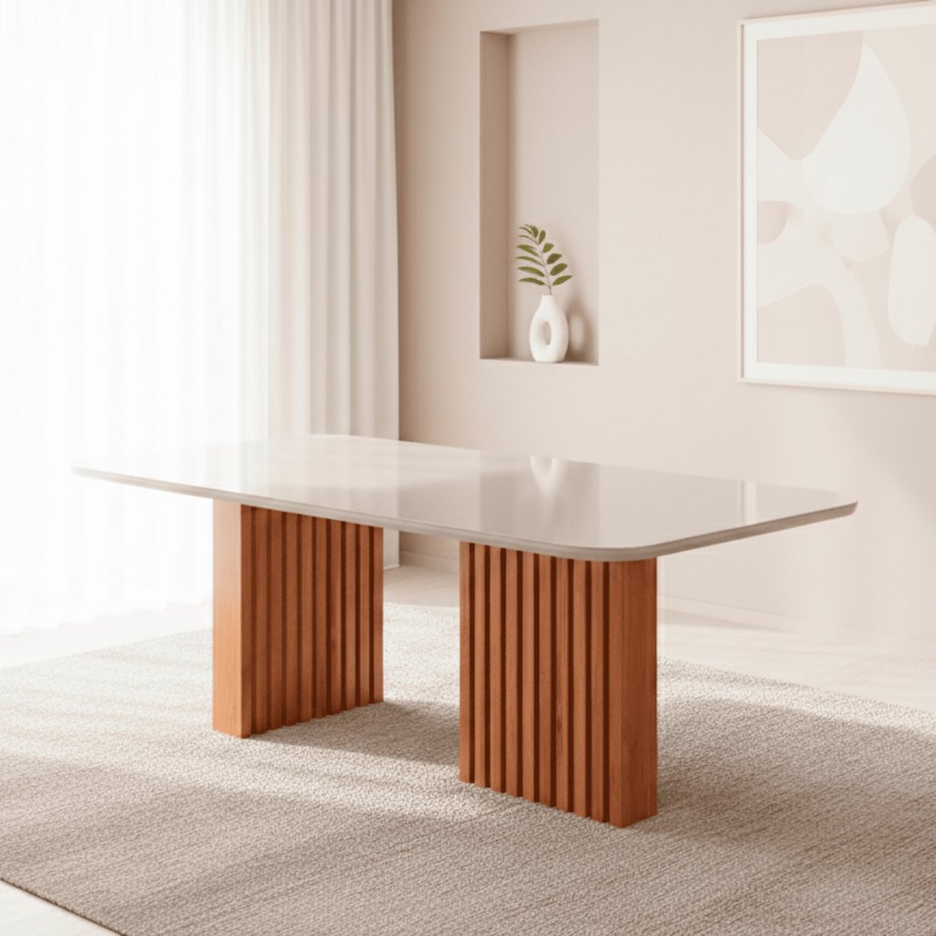 Mesa de Jantar 6 lugares Tampo de Vidro/MDF 180cm Retangular Ester Cinamomo/Off White em Oferta na Shopee