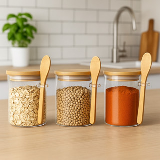 Kit 4 Potes Temperos Porta Mantimentos Redondo Condimentos Vidro Hermético Tampa Bambu Colher 245ml em Oferta na Shopee