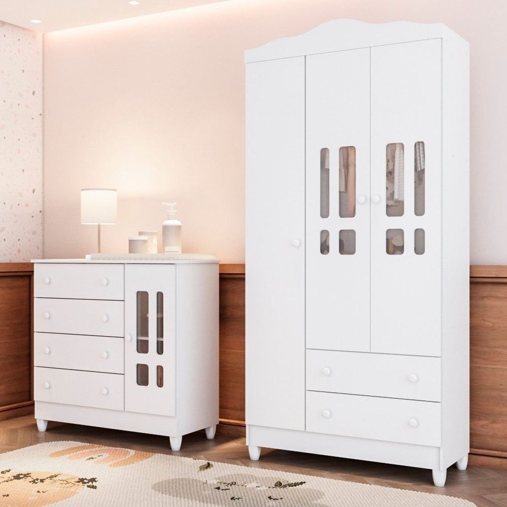 Quarto de Bebê Cômoda 1 Porta e Roupeiro 3 Portas Mdf Ariel em Oferta na Shopee