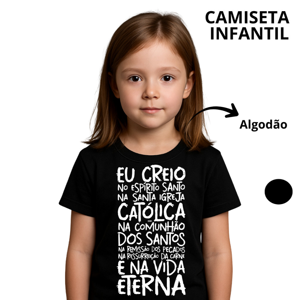 Camiseta Infantil Criança Católica Estampada Minimalista "Oração Credo Creio" Missa Igreja 100% Algodão