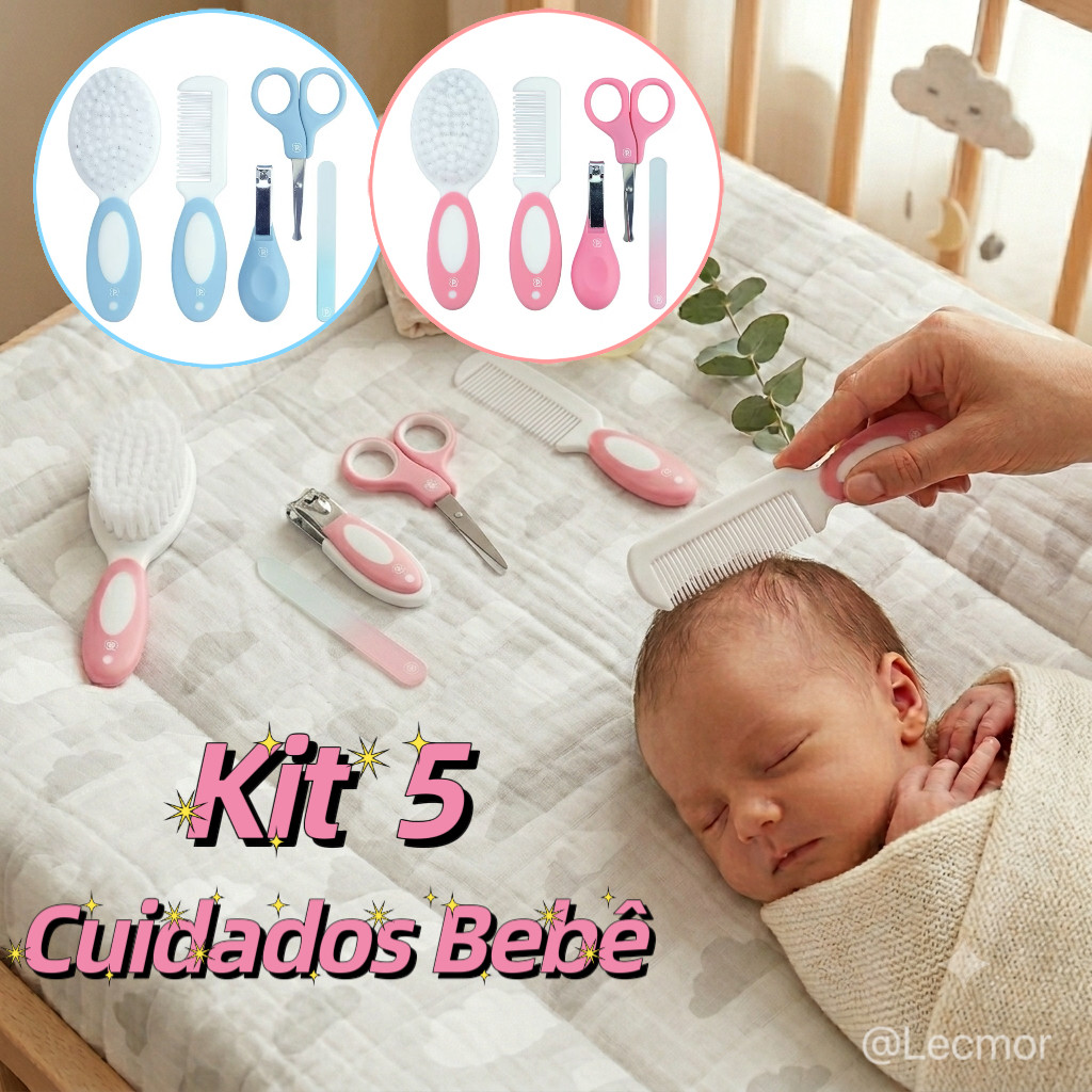 Kit Cuidados Bebê Higiene Recém Nascido 5 Peças Cortador De Unha Tesoura Escova Pente Menino Menina