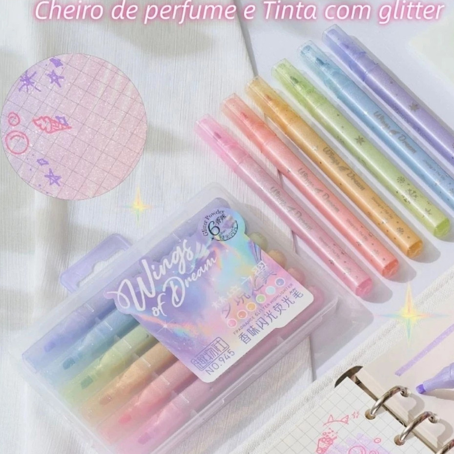 Kit 6 Canetas Marca Texto Pastel Glitter Perfumadas Coloridas Material Escolar Papelaria Fofa
