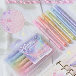 Kit 6 Canetas Marca Texto Pastel Glitter Perfumadas Coloridas Material Escolar Papelaria Fofa