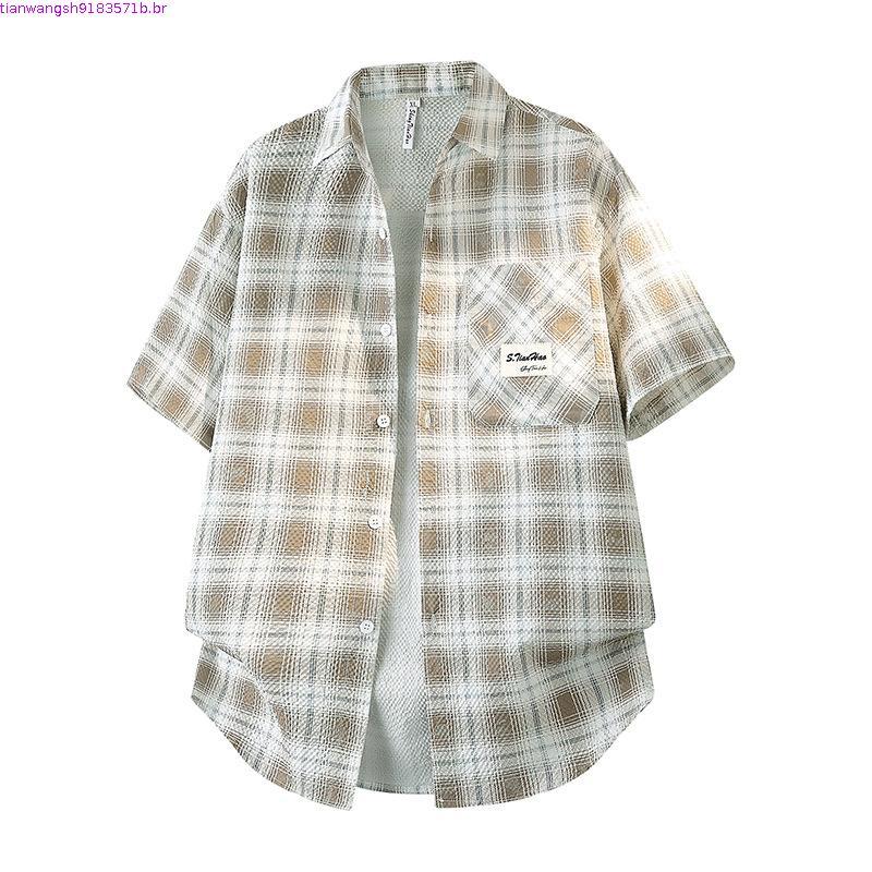Csa xadrez texturizada masculina de manga curta verão novo estilo legal csa respirável adolescente na moda roupas