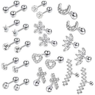 12 Pares de Brincos de Zircônia Cúbica 16g para Cartilagem, Tragus, Hélice, em Aço Inoxidável Cirúrgico, com Pequenas Bo