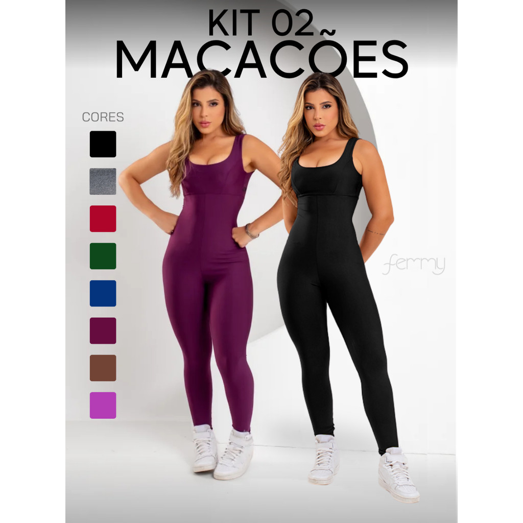 Kit 2 Macacões Longos Zero Transparência Fitness Premium Legg Feminino Academia Treino Bojo Removível Conjunto