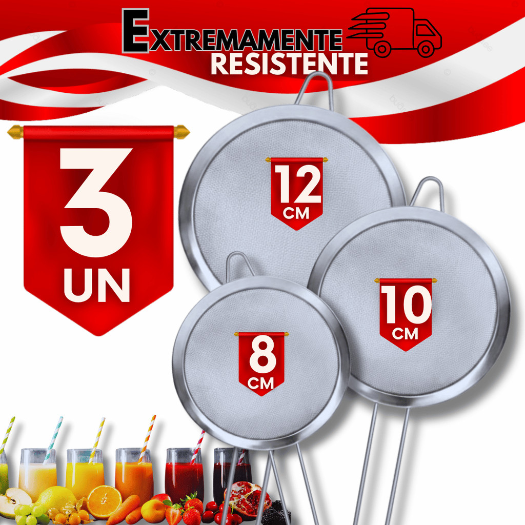 Combo Peneira Inox 12/10/8 Cm Sucos Farinhas Frituras Molhos Cozinha Restaurante Utilidades