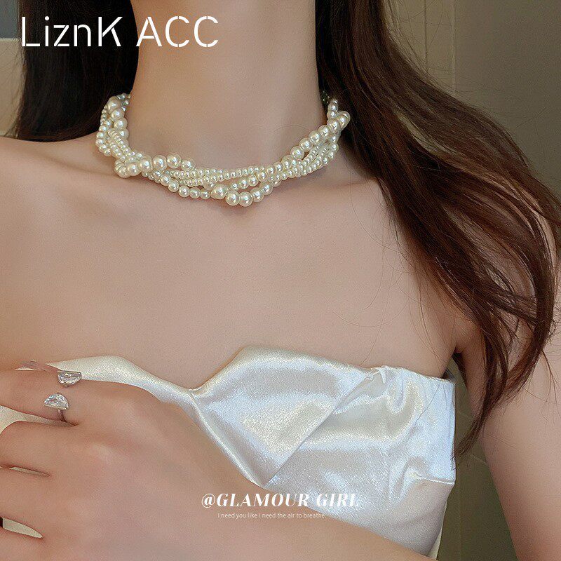 colar aço inoxidável colar femenino Francês Retro Multi-camada pérola colar moda feminina único elegante grânulo colar