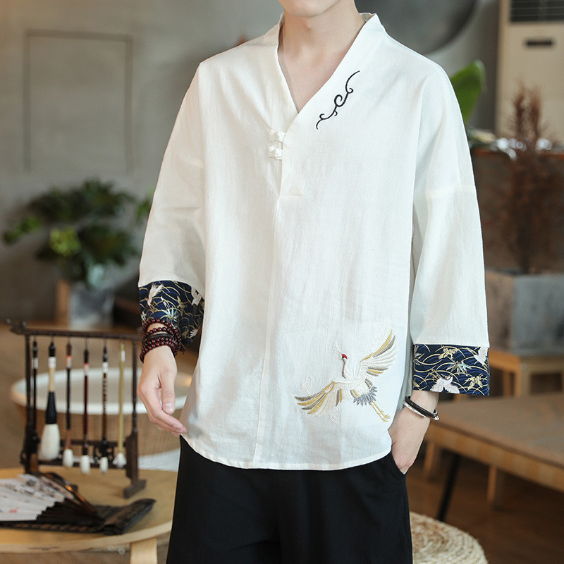 Roupas masculinas de manga curta camiseta masculina na moda estilo chinês roupas masculinas bordado linho meia manga sol