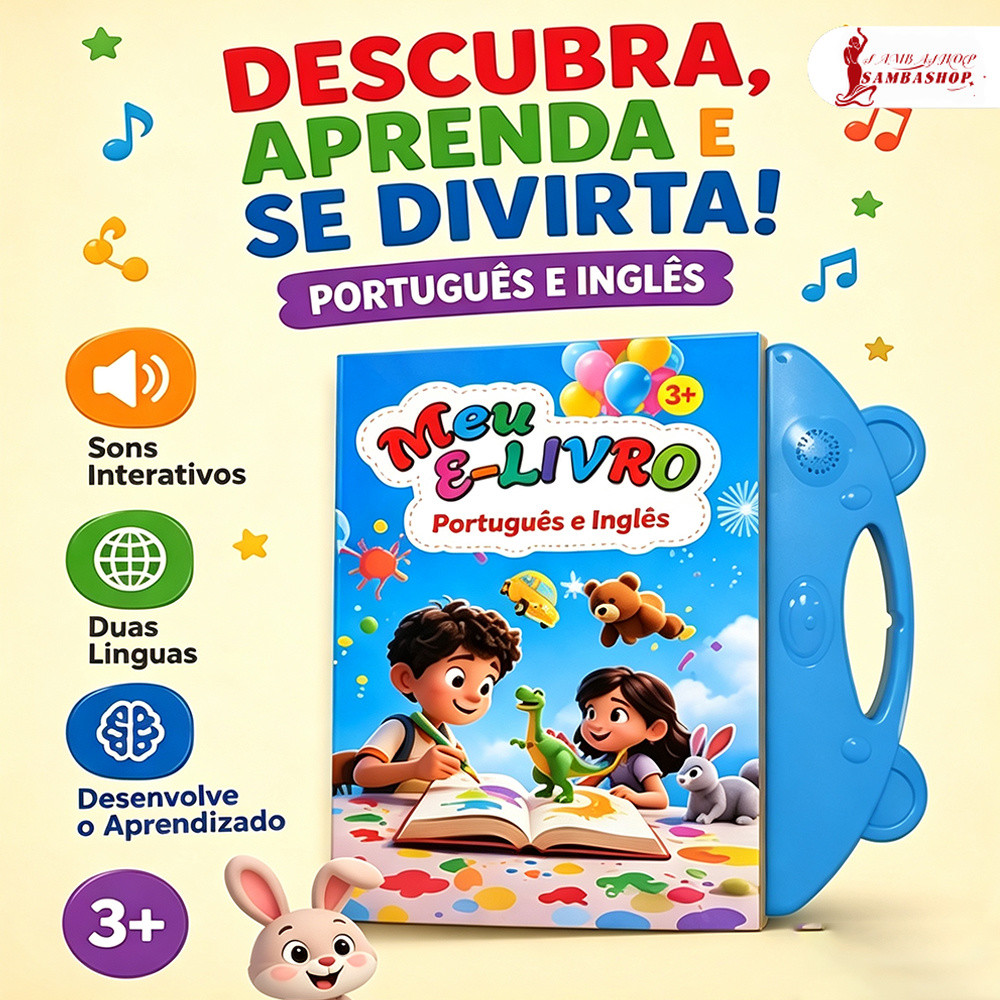 Livro Infantil Sonoro Bilíngue (Português/Inglês): Leitura Interativa com Sensor de Toque e Vários Temas Educativos