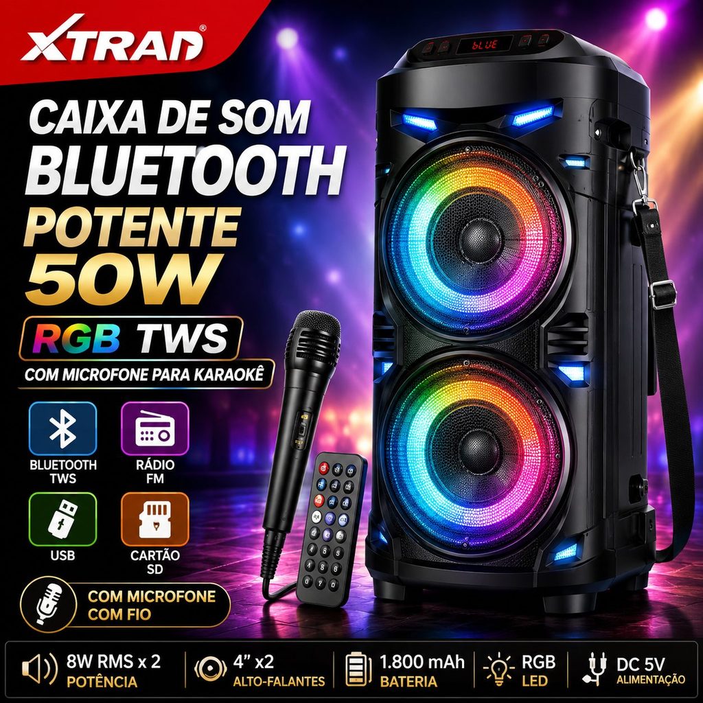 Caixa de Som Bluetooth 50W RGB TWS com Microfone com Fio Karaokê FM USB SD LED XDG-138