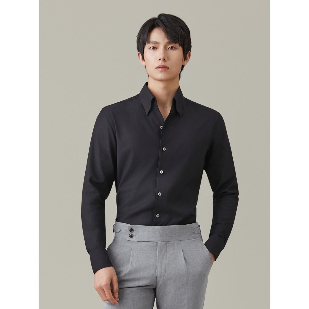 [Colar de uma peça estilo italiano] Camisa masculina de manga comprida Giyomon de três provas, sem ferro, preta, Casual,