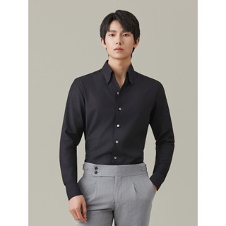 [Colar de uma peça estilo italiano] Camisa masculina de manga comprida Giyomon de três provas, sem ferro, preta, Casual,