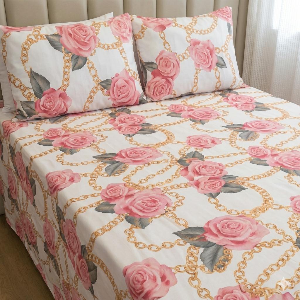 Jogo de Lençol Cama Queen Estampado 3pç S/Elástico Micropercal 500 Fios Toque Macio de Algodão