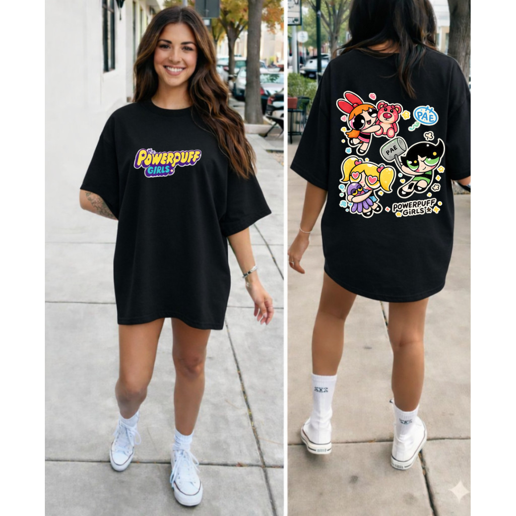 Camiseta Oversized Feminina 100% Algodão PowerPuff Poderosas Fofo Treino Academia Musculação Fit