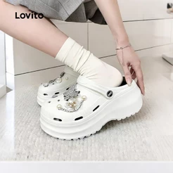 Lovito Sandálias Rasteiras Casuais Estilo Coreano Com Plataforma E Laço De Strass Brancas Para Mulheres LFA112018