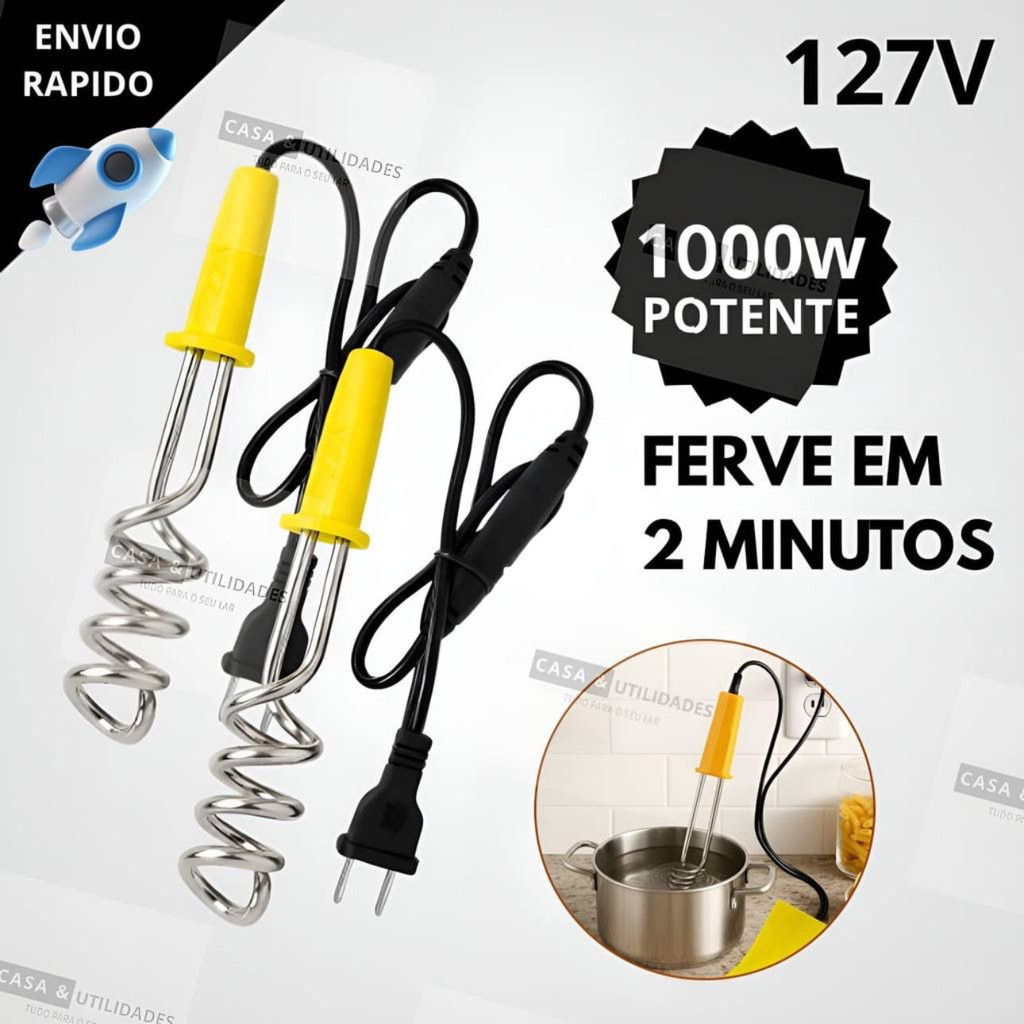 Kit 2 Aquecedor de Agua 1000 Watts + POTENTE Ebulidor Elétrico Portátil 127V Mergulhão SUPER POTENTE