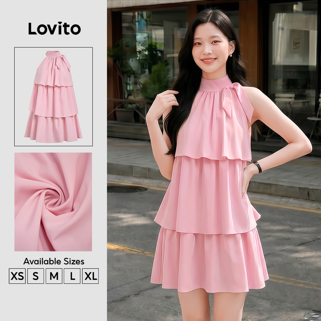 Lovito Casual Vestido com babados na frente primavera/verão vestido rosa para mulheres LK3ED1771