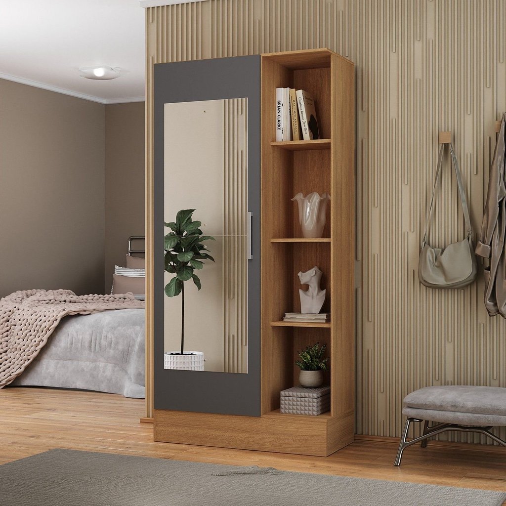 Sapateira para Quarto 1 Porta com Espelho Espresso Móveis Bege/Cinamomo/Chumbo C