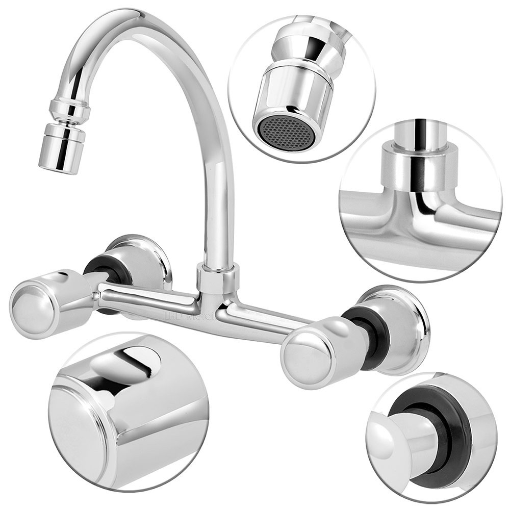 Torneira Misturador Cozinha Parede Metal Duplo Comando Água Quente Fria Arejador Articulado 1/4v